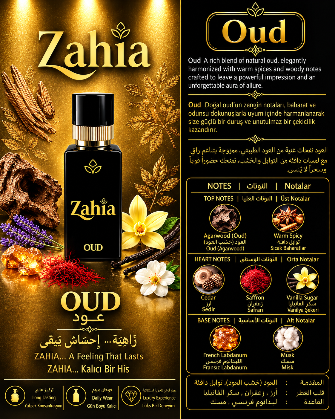 زاهية عود OUD أو دو بارفيوم فاخر – ثبات طويل – عطر للجنسين 100 مل - الصورة 2