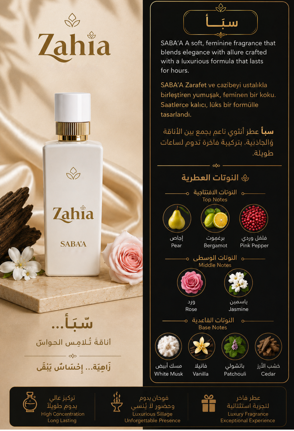 زاهية سبأ SABA’A أو دو بارفيوم فاخر – ثبات طويل – عطر نسائي 100 مل - Görsel 2