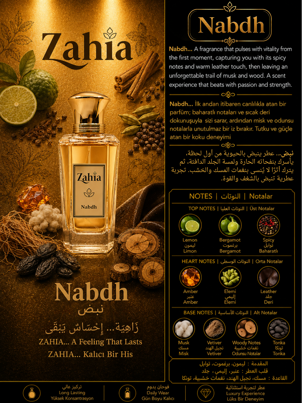 النوتات العطرية لعطر نبض Extrait de Parfum من زاهية – الليمون والبرغموت والتوابل والعنبر والمسك