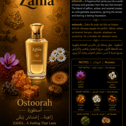 النوتات العطرية لعطر أسطورة Eau de Parfum من زاهية – الزعفران والعنبر والكراميل والنفحات الخشبية