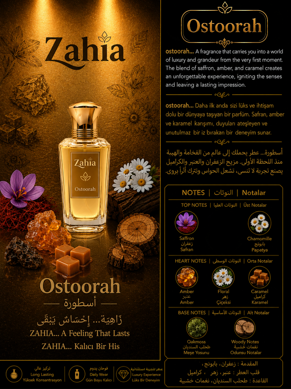 النوتات العطرية لعطر أسطورة Eau de Parfum من زاهية – الزعفران والعنبر والكراميل والنفحات الخشبية